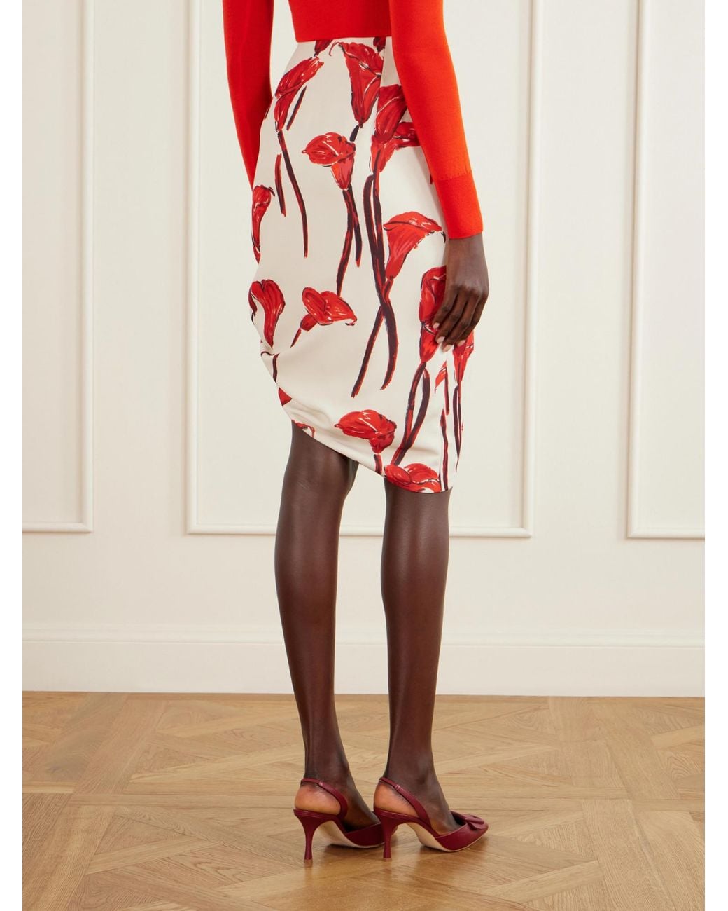 Carolina Herrera Red Floral-Print Cady Midi Skirt