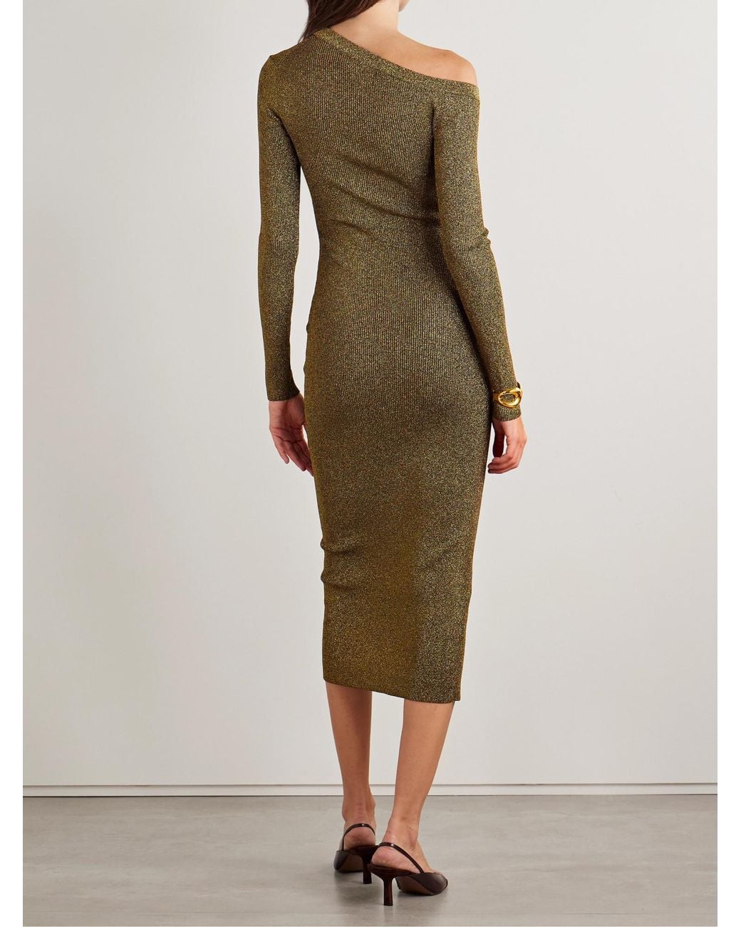 Staud Green Off-The-Shoulder Metallic Ribbed-Knit Midi Dress
