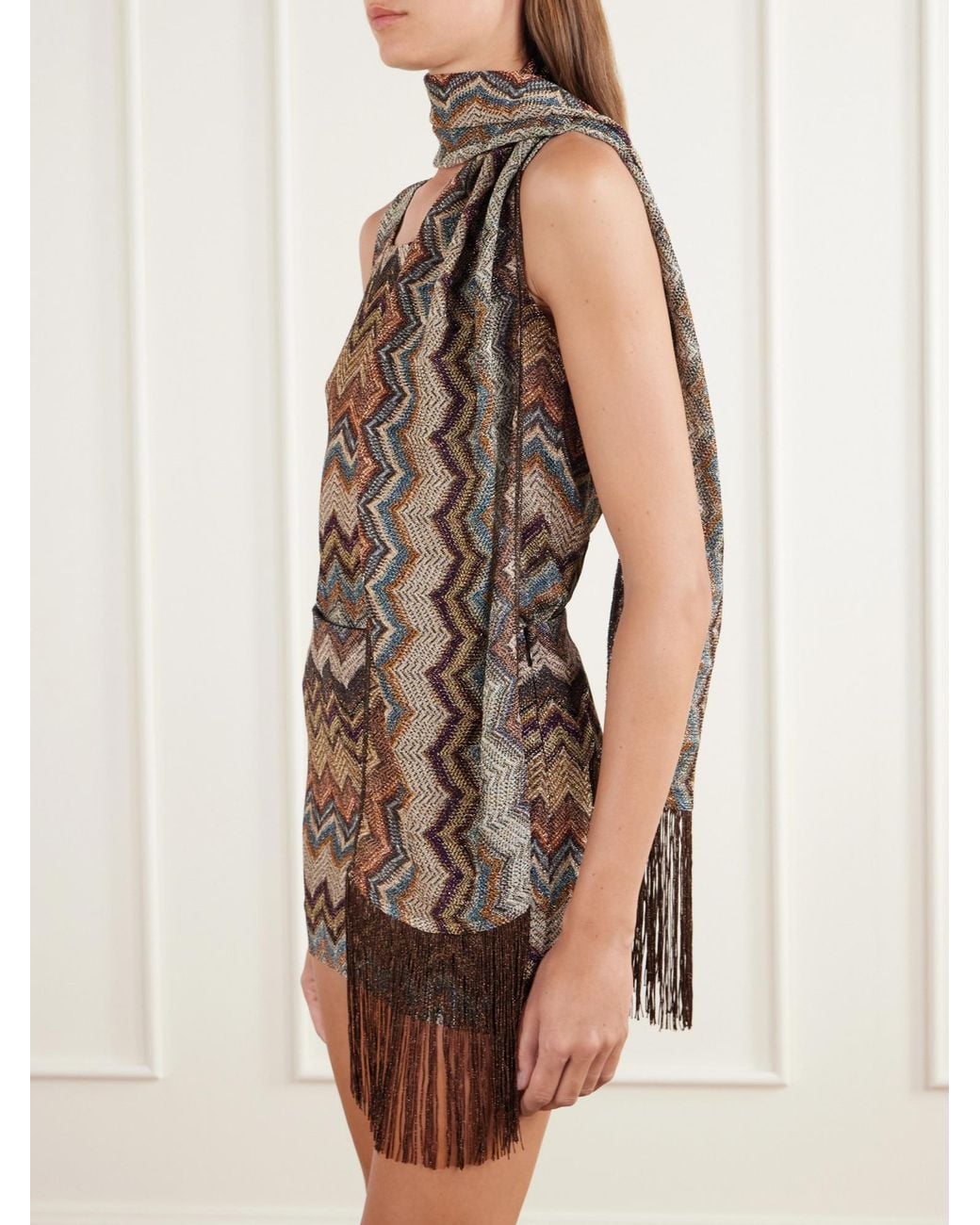 Missoni Brown Striped Metallic Crochet-Knit Scarf
