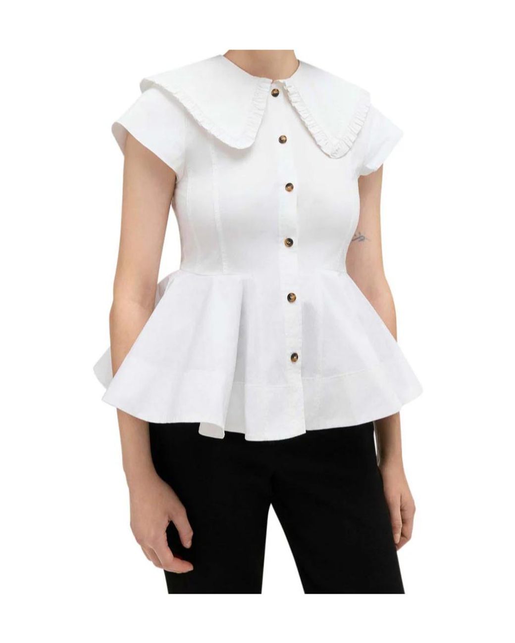 Ganni White Short Cotton Shirt With Ruffles