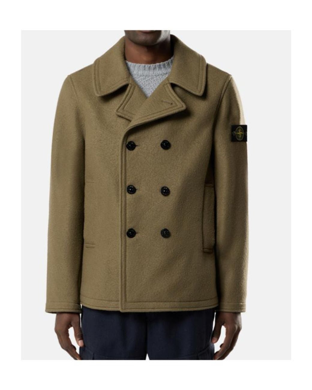 Stone Island Green Logo Patch Double-Breasted Coat for men