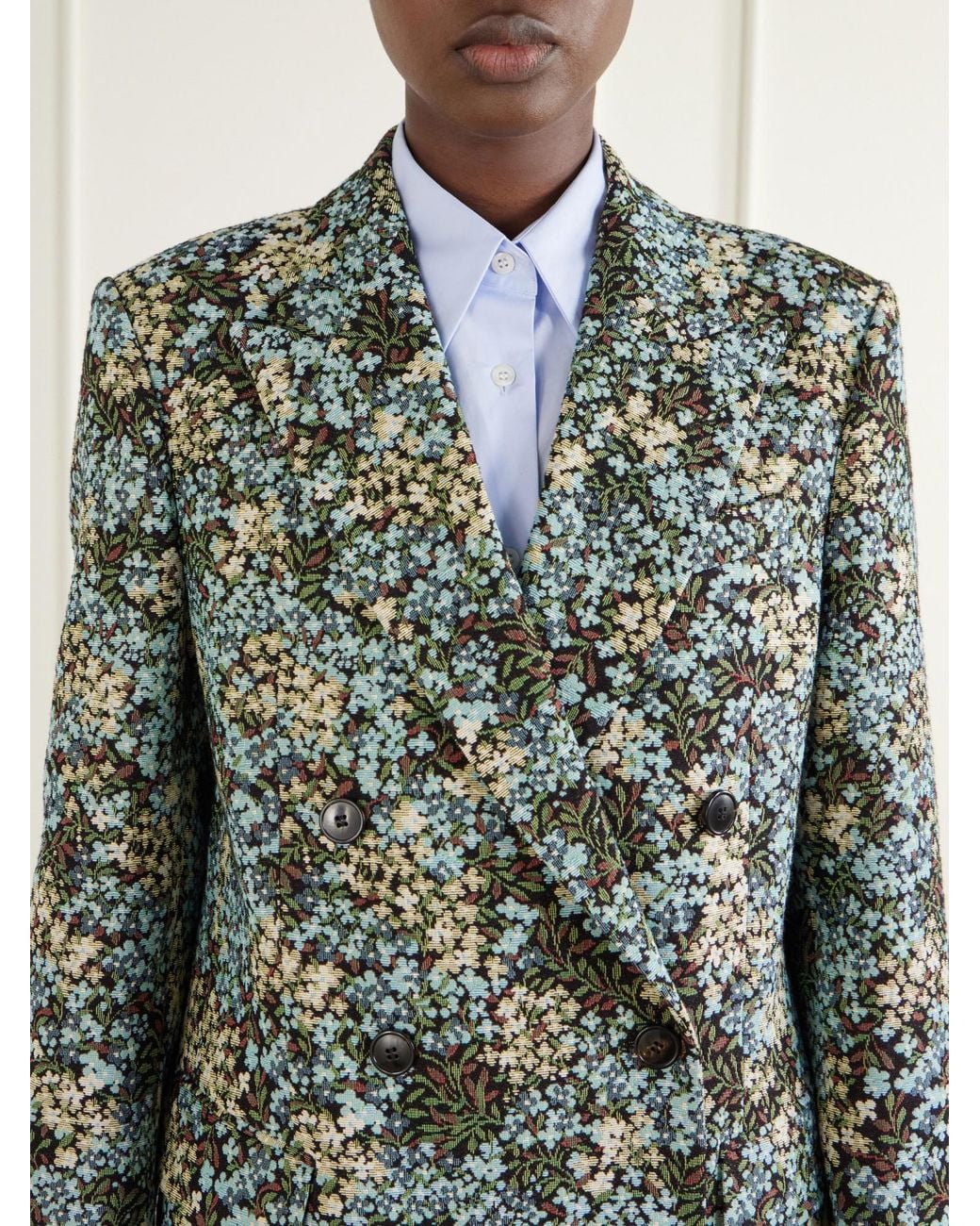 Dries Van Noten Green Double-Breasted Floral-Jacquard Coat