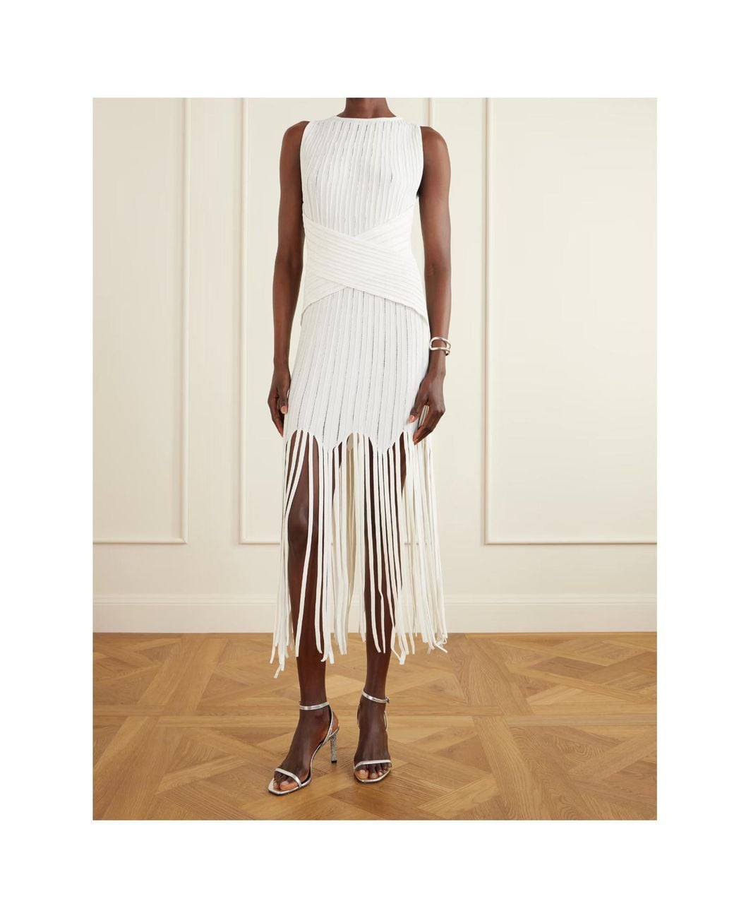 Balmain White Fringed Pointelle-Knit Midi Dress