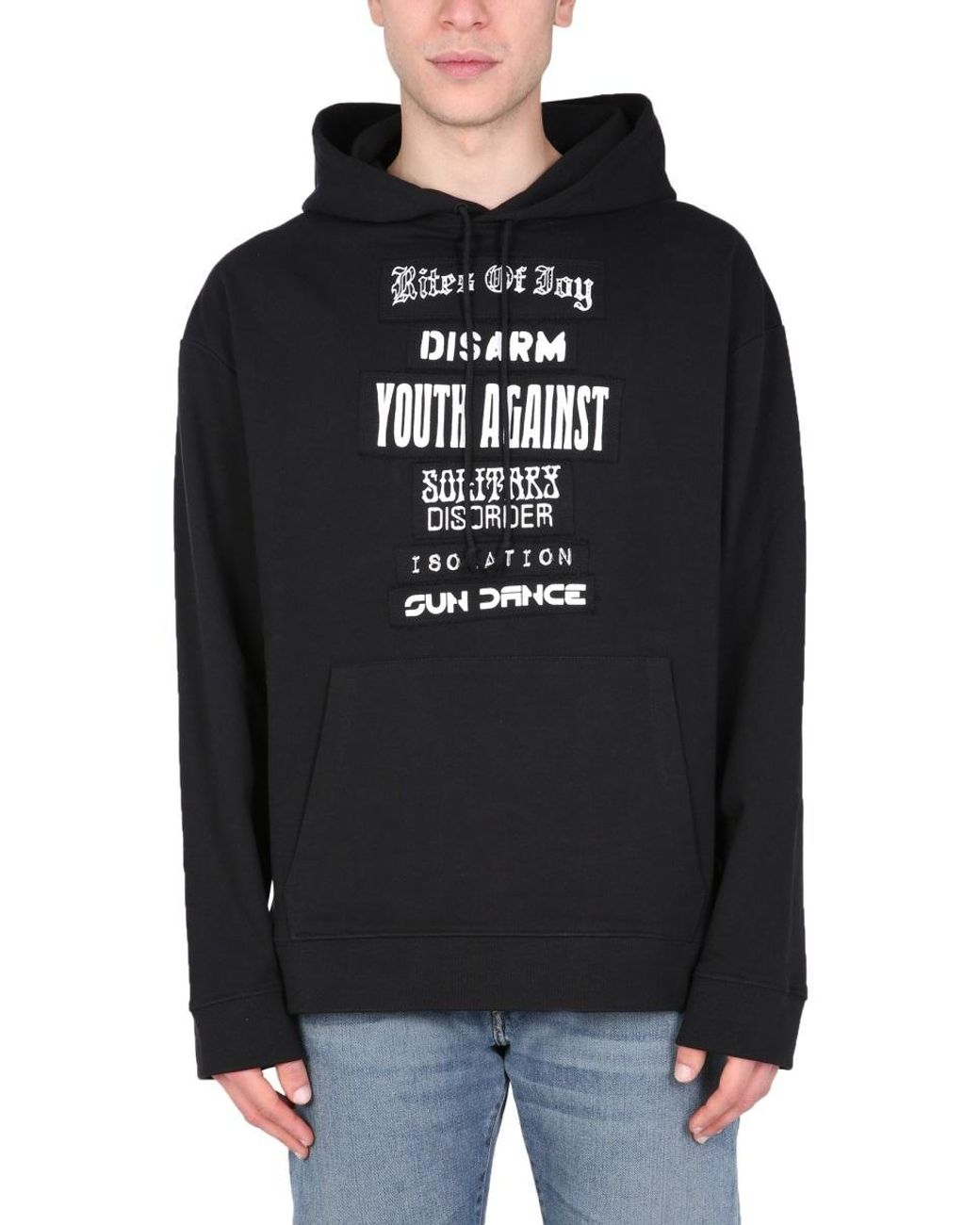 Raf Simons Black Slogan Patches Hoodie for men