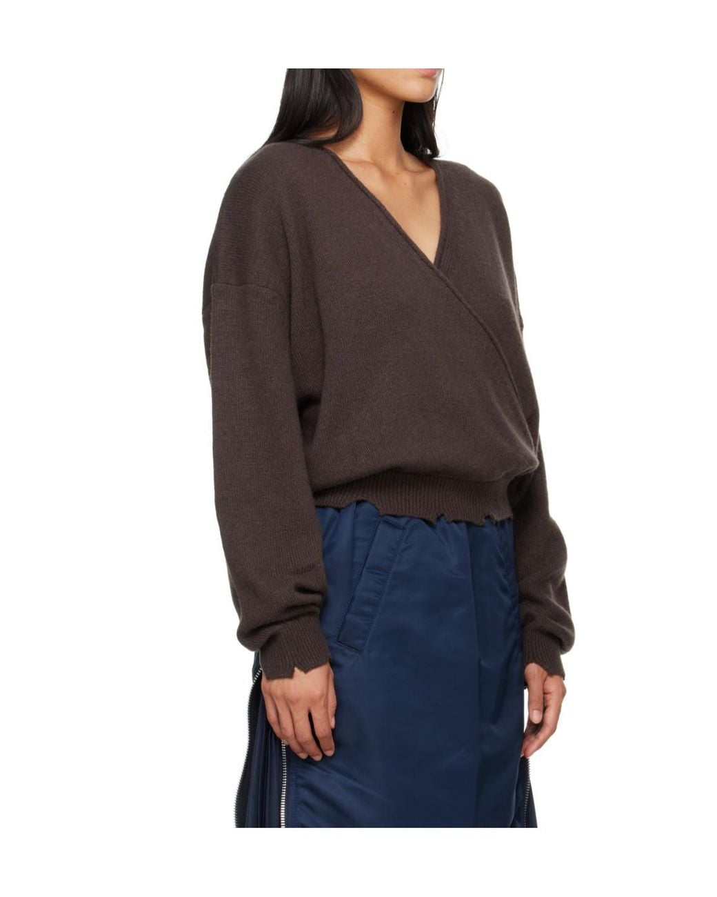 OPEN YY Blue Wool-Blend Crossover Wrap-Style Knit Sweater