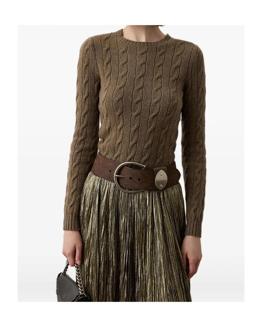 Ralph Lauren Brown Cable-Knit Cashmere Crewneck Sweater