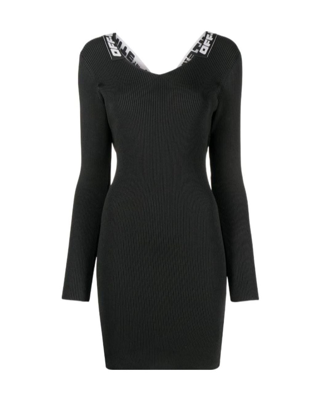 Off-White c/o Virgil Abloh Black Logo Tape Long-Sleeved Ribbed Mini Dress