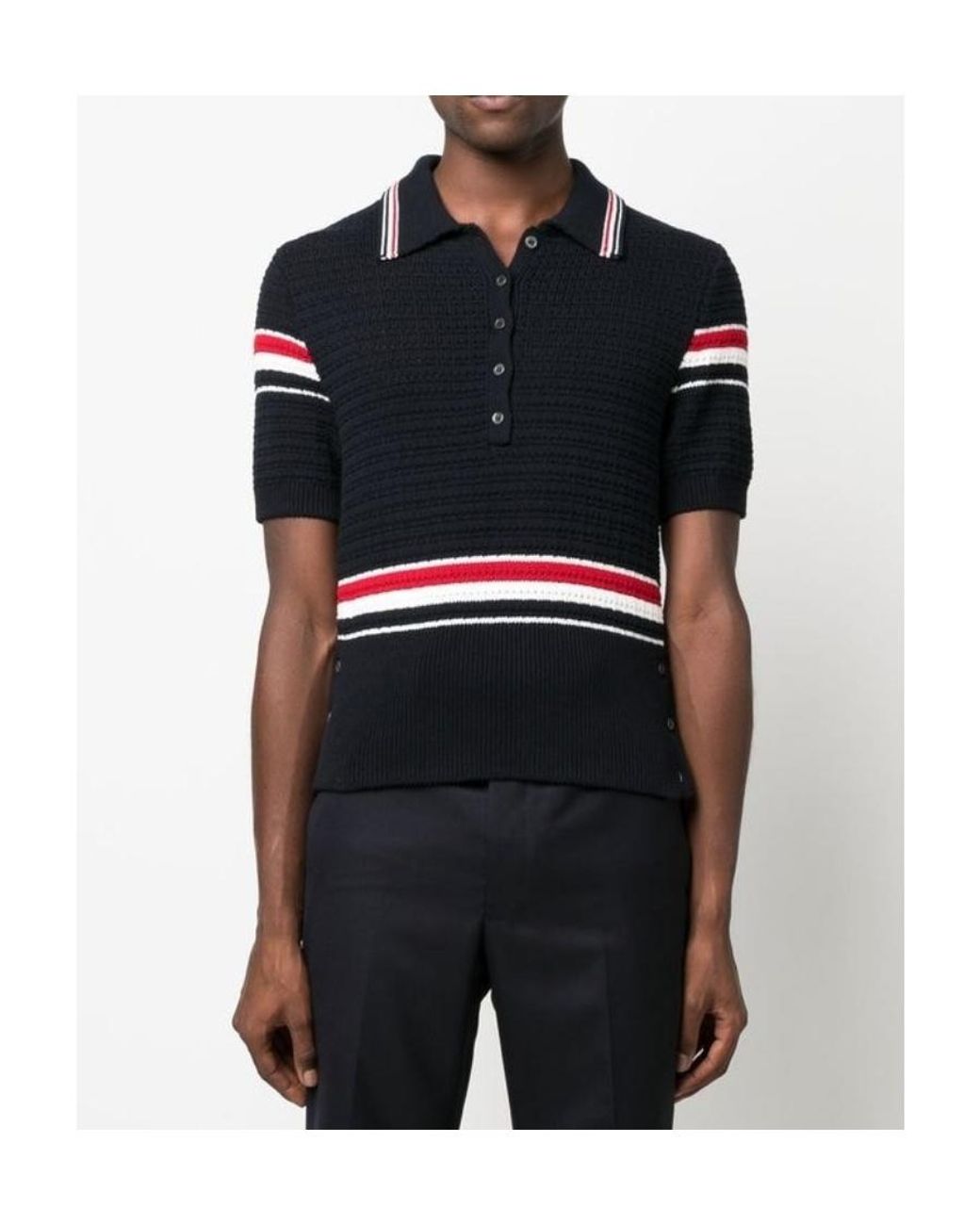 Thom Browne Black Stripe Detailed Short-Sleeved Polo Shirt for men