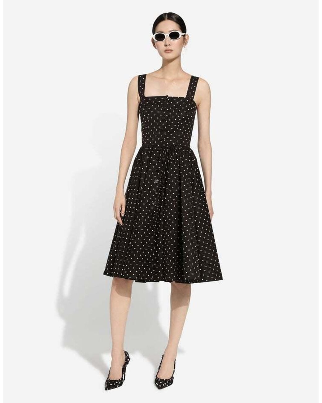 Dolce & Gabbana Black Calf-Length Cotton Dress With Polka-Dot