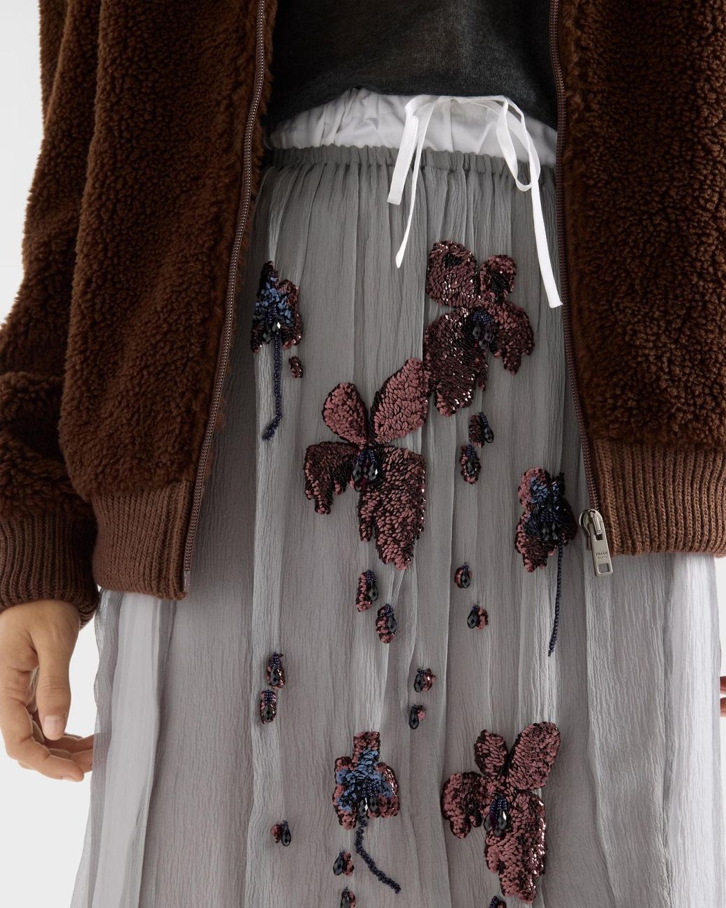 Prada Gray Embroidered Chiffon Midi Skirt