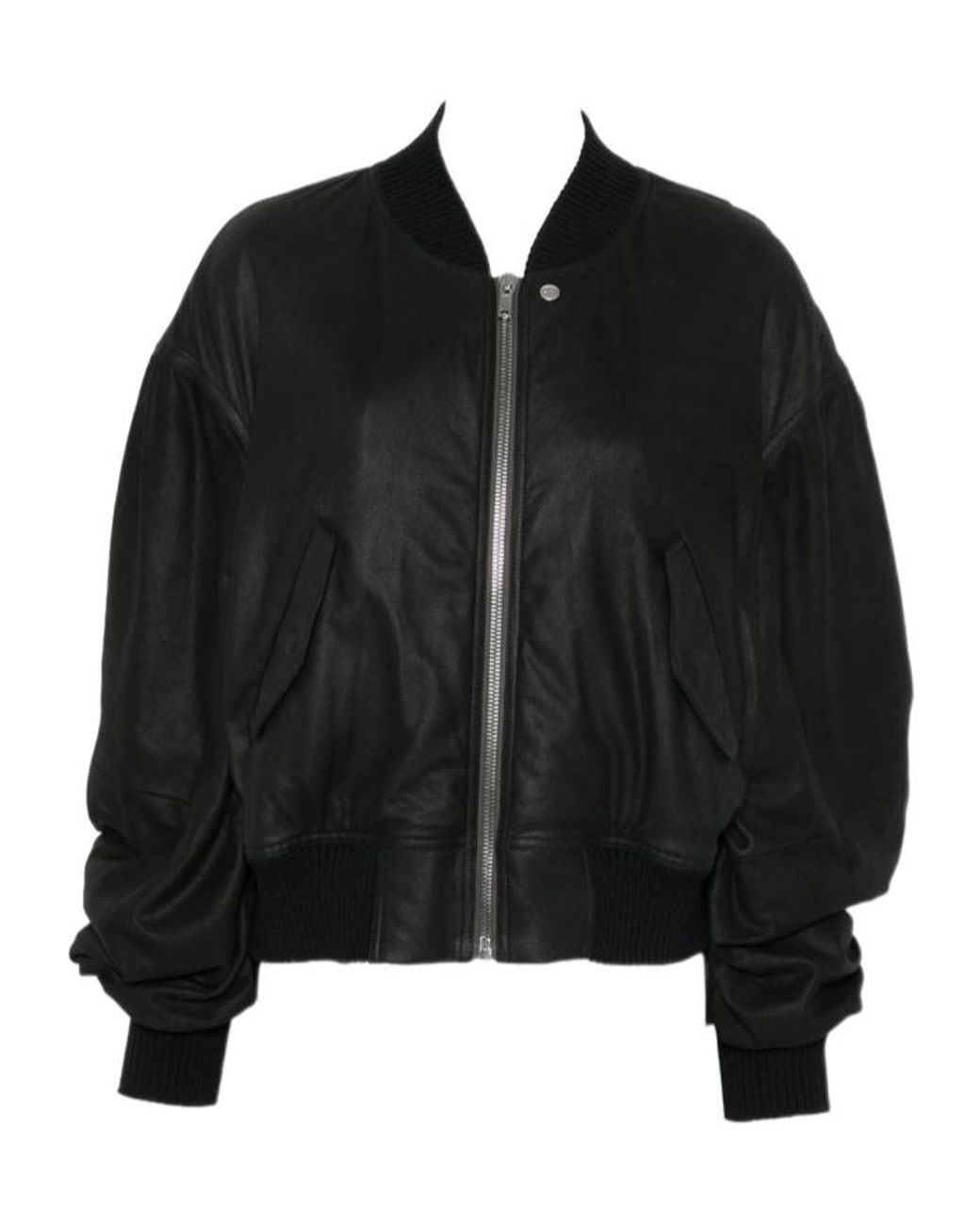 Rick Owens Black Zip-Up Leather Bomber Jacket