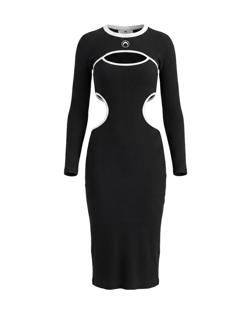 MARINE SERRE Black Moon Logo Bicolor Ribbed Jersey Cut-Out Long Dress