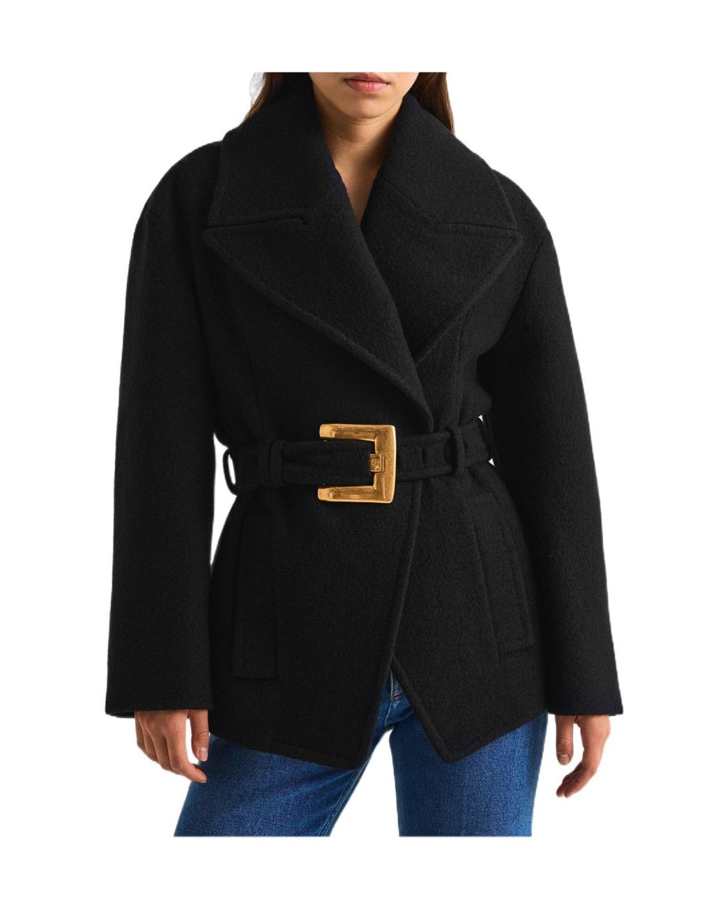 Balmain Black Short Wool Wrap Coat