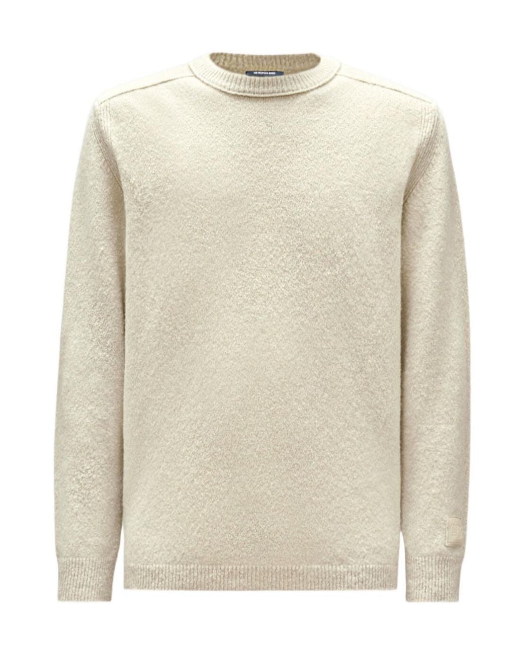 C P Company Natural Metropolis Series Bouclè Extrafine Merino Crewneck Logo Sweater for men