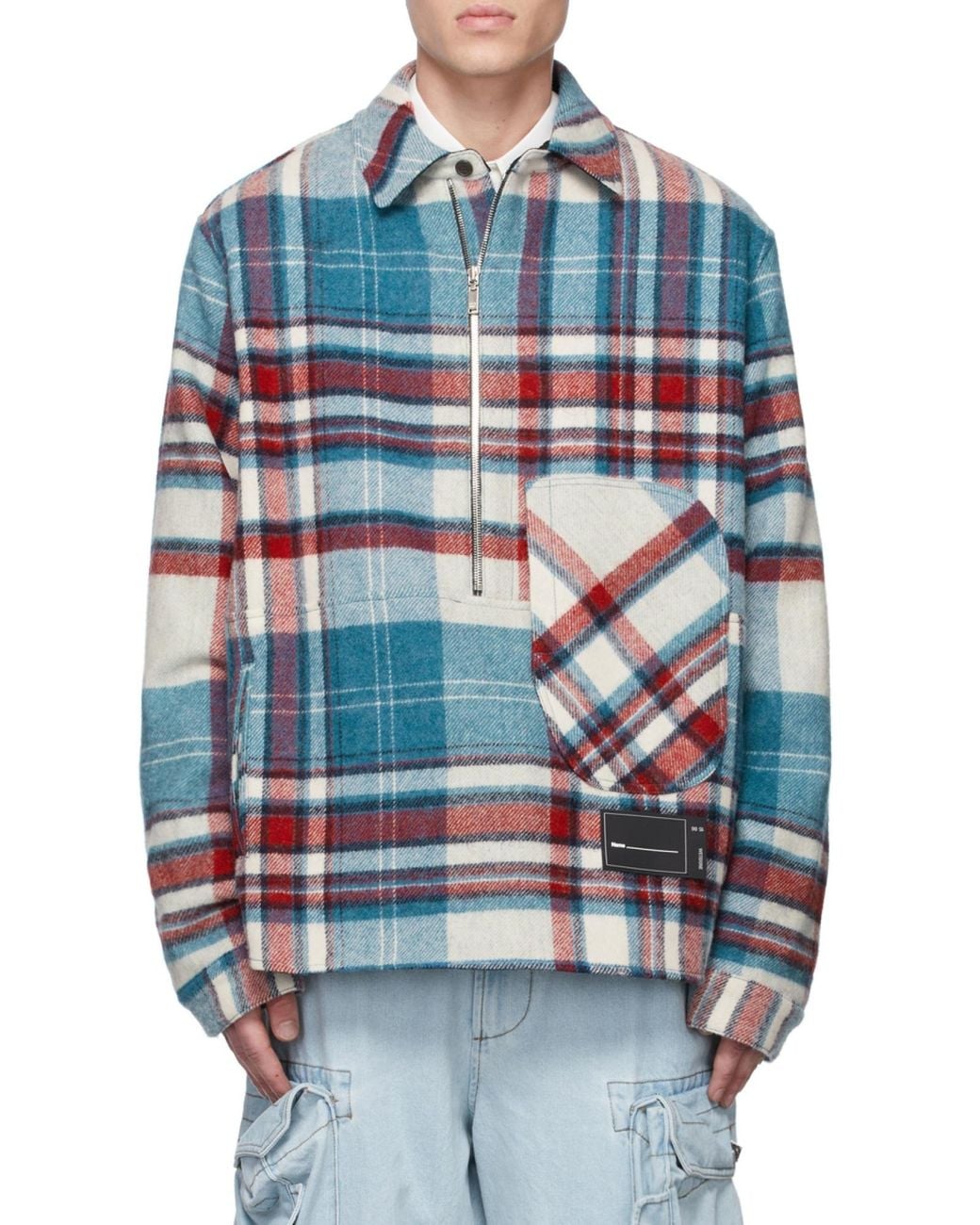 we11done Blue Front-Zip Checked Overshirt for men