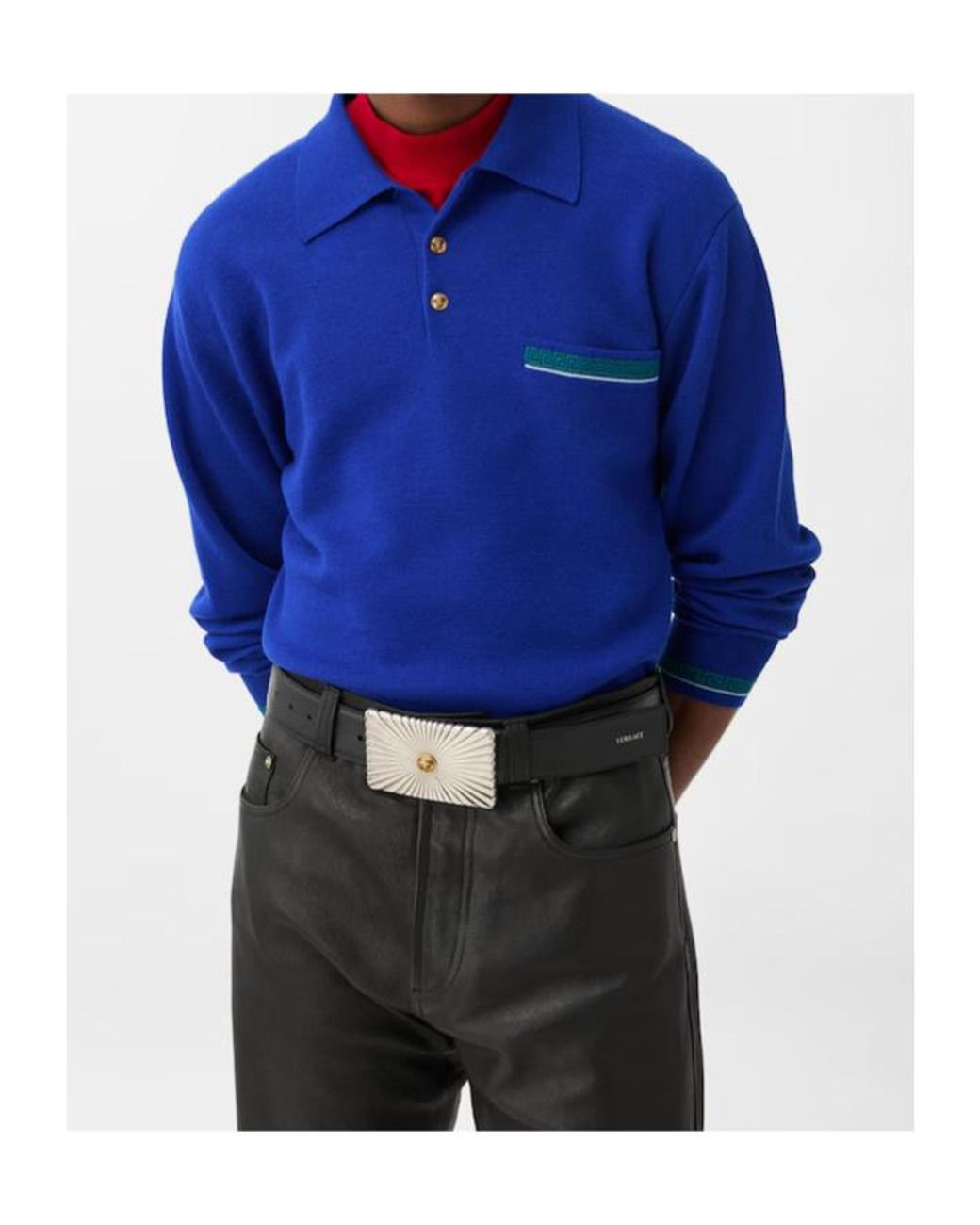 Versace Blue Greca Tipping Polo Knitted Sweater for men