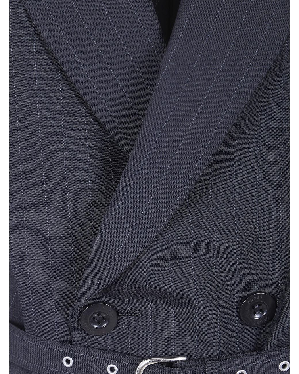 Sacai Blue Double-Breasted Striped Belted Jacket