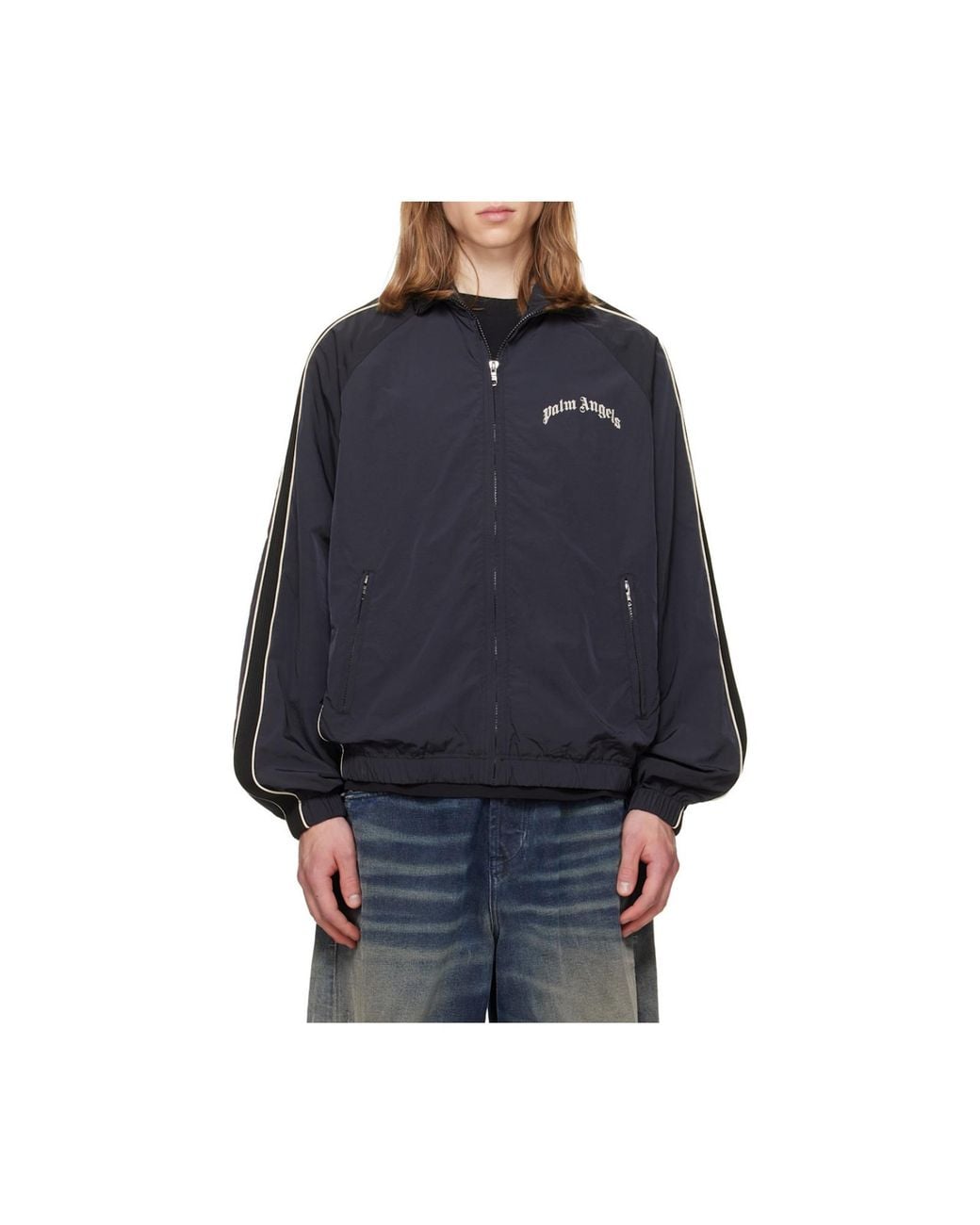 Palm Angels Black Curved Logo Vintage Track Windbreaker for men
