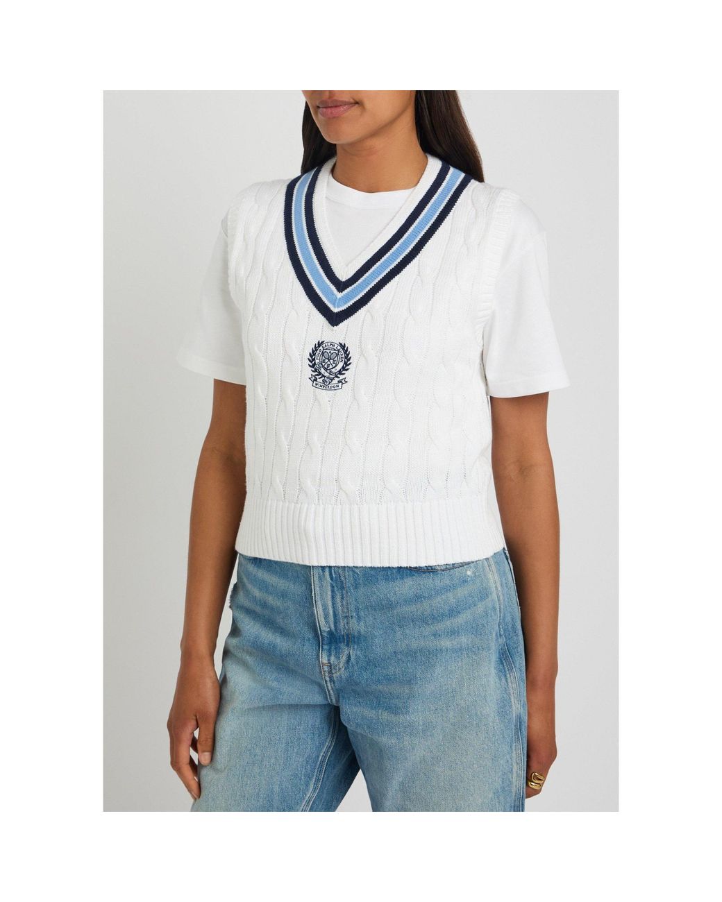 Polo Ralph Lauren Blue Cable-Knit Striped Sweater Vest