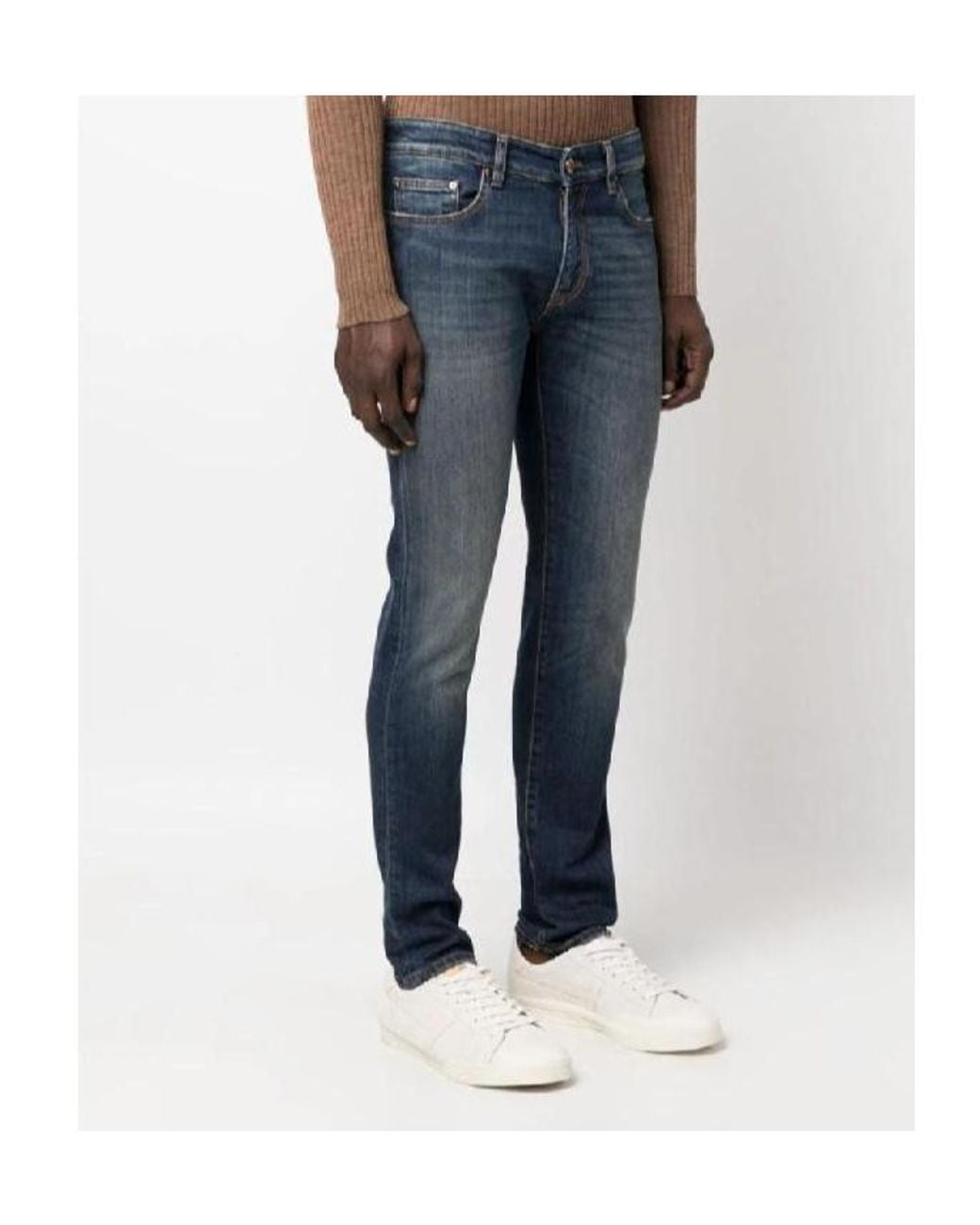 Pt Pantaloni Blue Pt Torino Logo-Patch Washed Slim-Cut Jeans for men