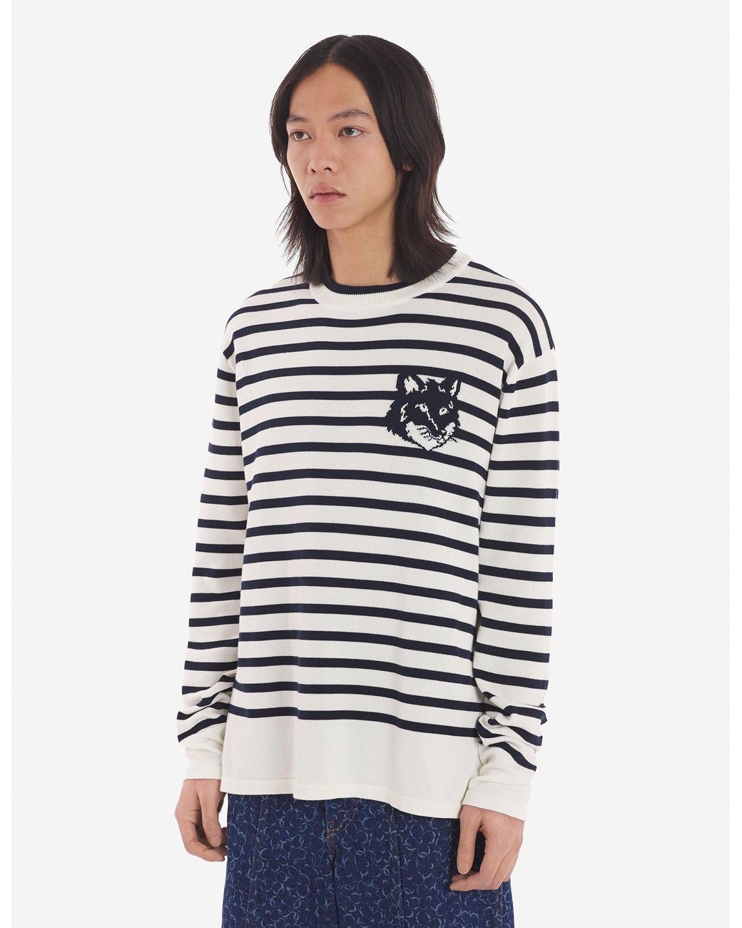 Maison Kitsuné White Maison Kitsuné Fox Head Intarsia Striped Jumper for men