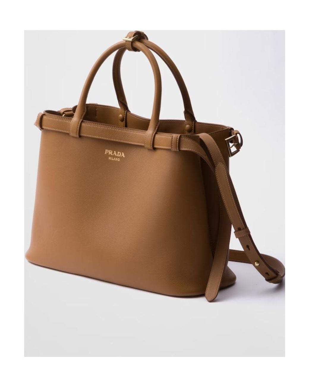 Prada Brown Buckle Medium Leather Handbag With Double Belt