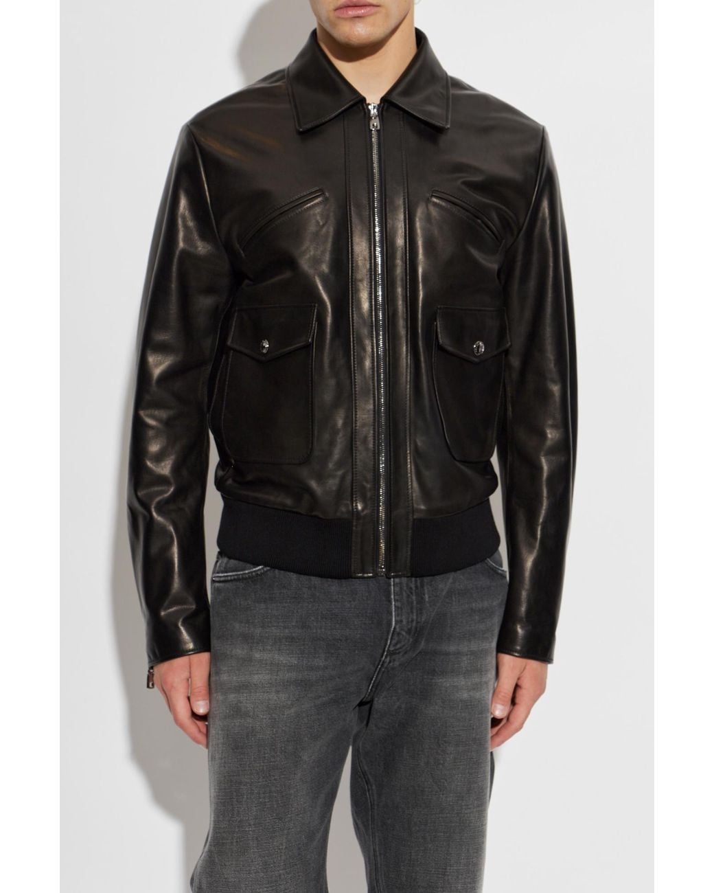 Dolce & Gabbana Black Zip-Front Leather Jacket for men