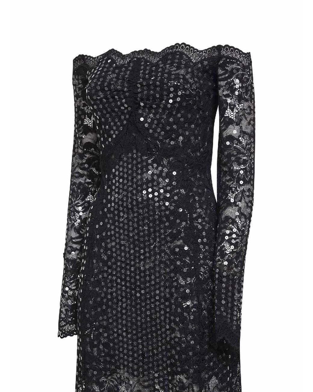 Rabanne Black Rabanne Off-Shoulder Sequin Lace Dress