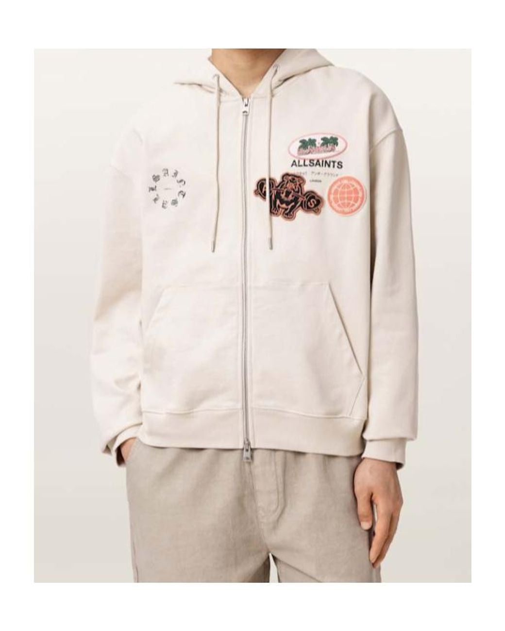 AllSaints Natural Patcher Zip Up Cotton Hoodie for men