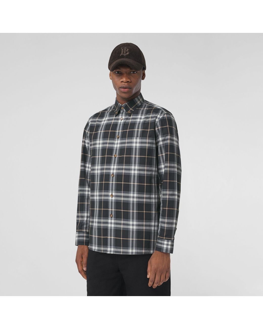 Burberry Gray Button-Down Checked Shirt for men