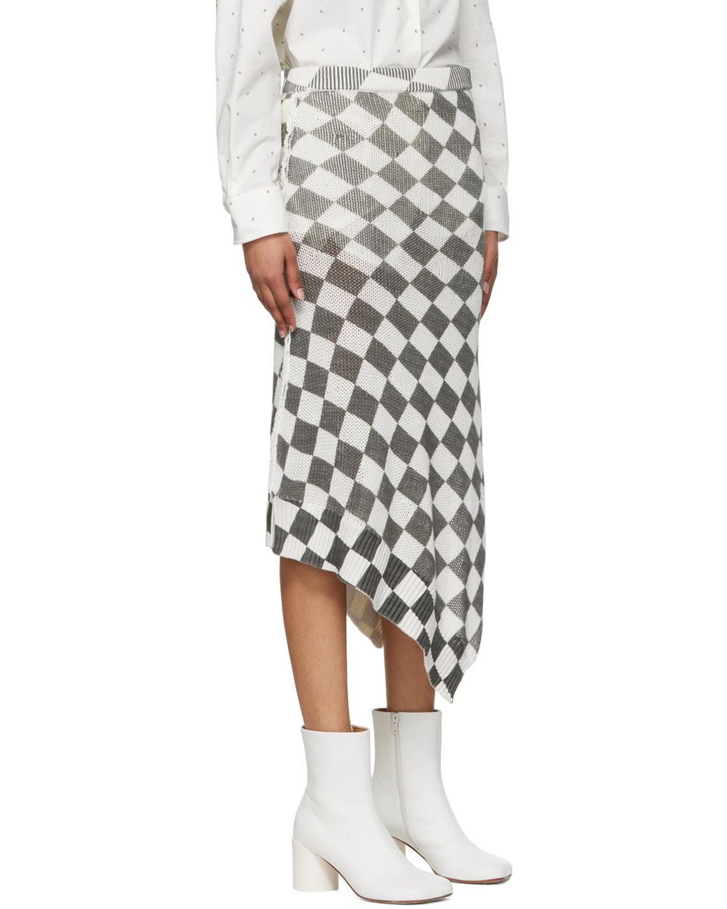 MM6 by Maison Margiela White Checkerboard-Pattern Asymmetric Skirt