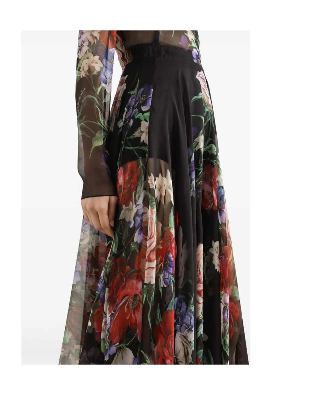 Dolce & Gabbana Black Floral Printed Chiffon Calf-Length Dress
