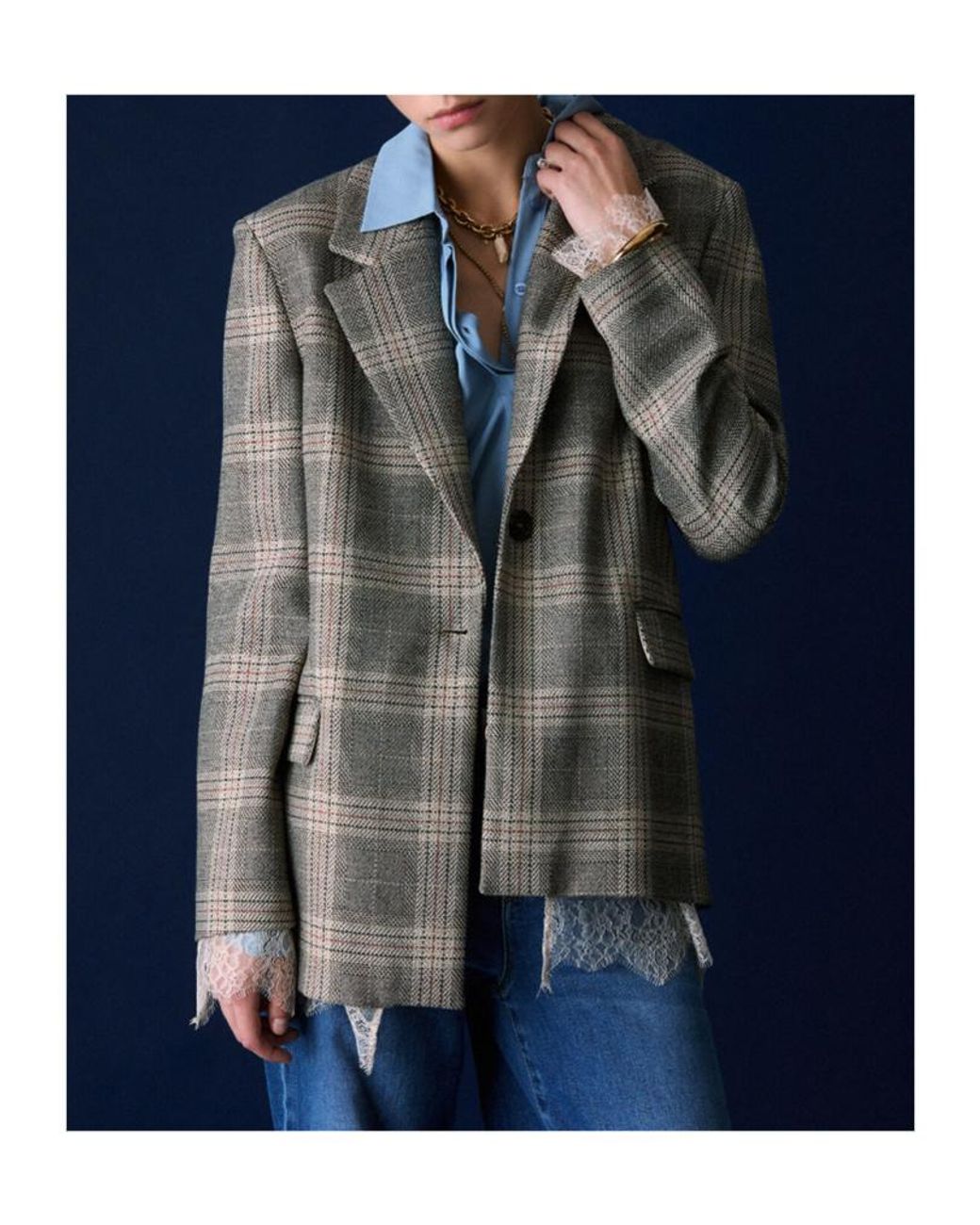 Liu Jo Green Checked Lace-Trim Blazer