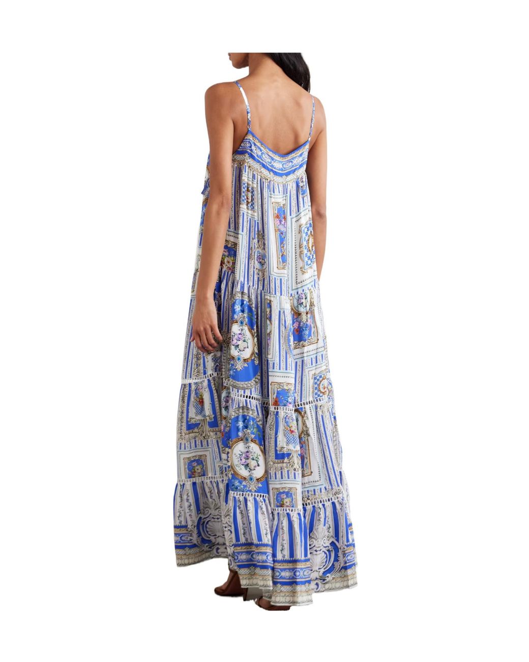 Camilla Blue Tie-Detailed Lace-Trimmed Tiered Printed Silk-Satin Maxi Dress