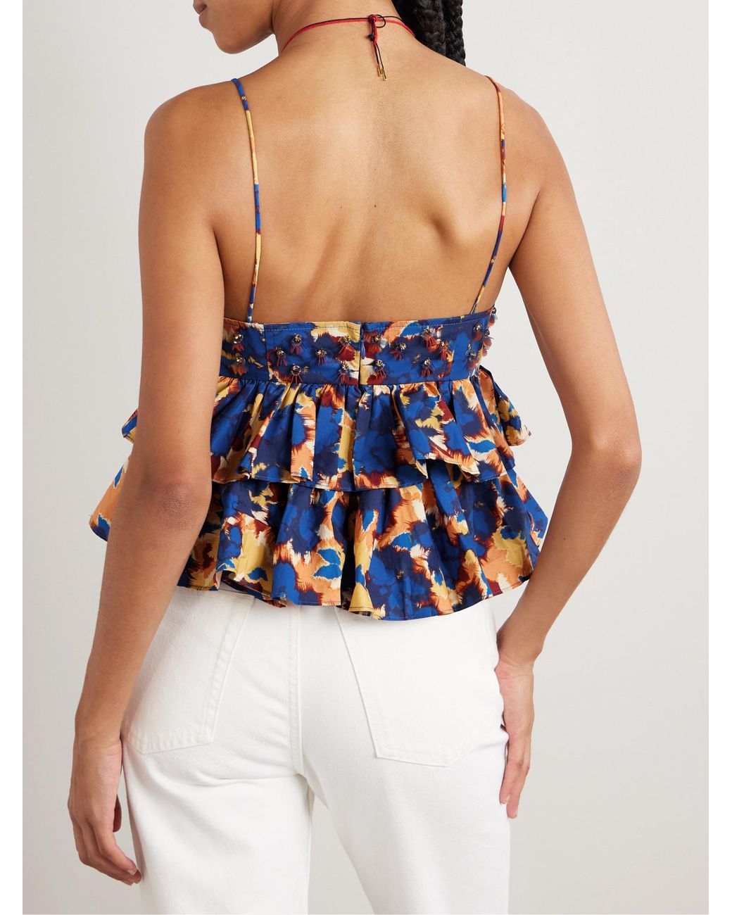 Ulla Johnson Blue Ruffled Trim Embellished With Printed Fabric Halter-Neck Dress