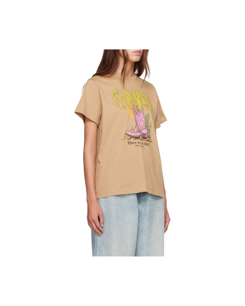 Ganni Natural Graphic Printed Crewneck T-Shirt