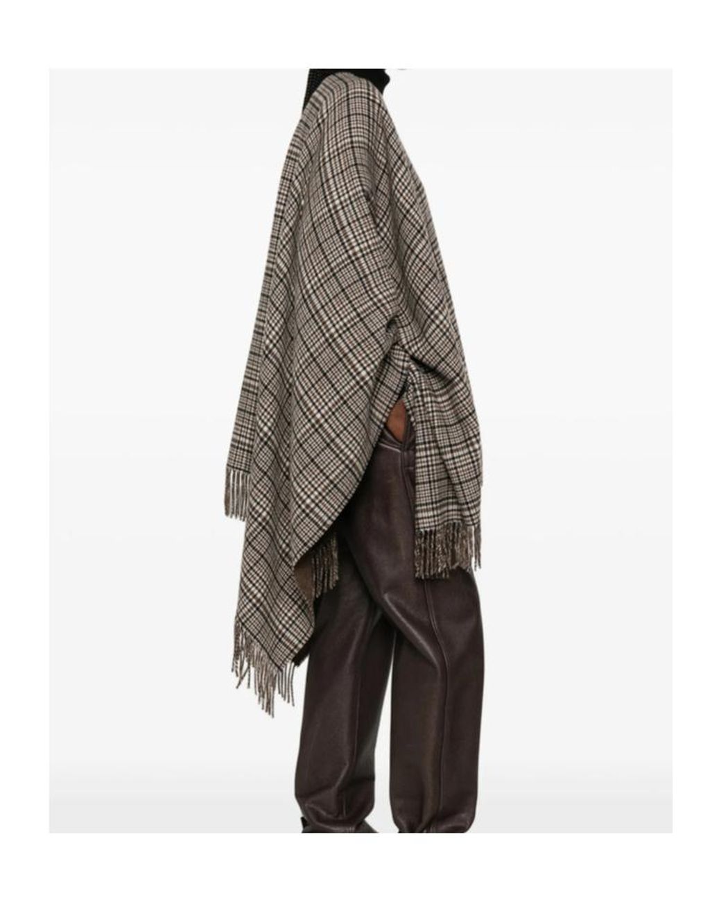 Brunello Cucinelli Gray Check-Pattern Fringed Poncho