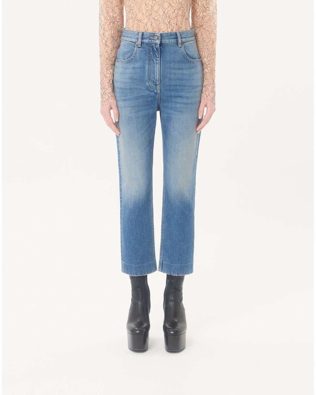 Valentino Blue Logo Patch Cropped Jeans