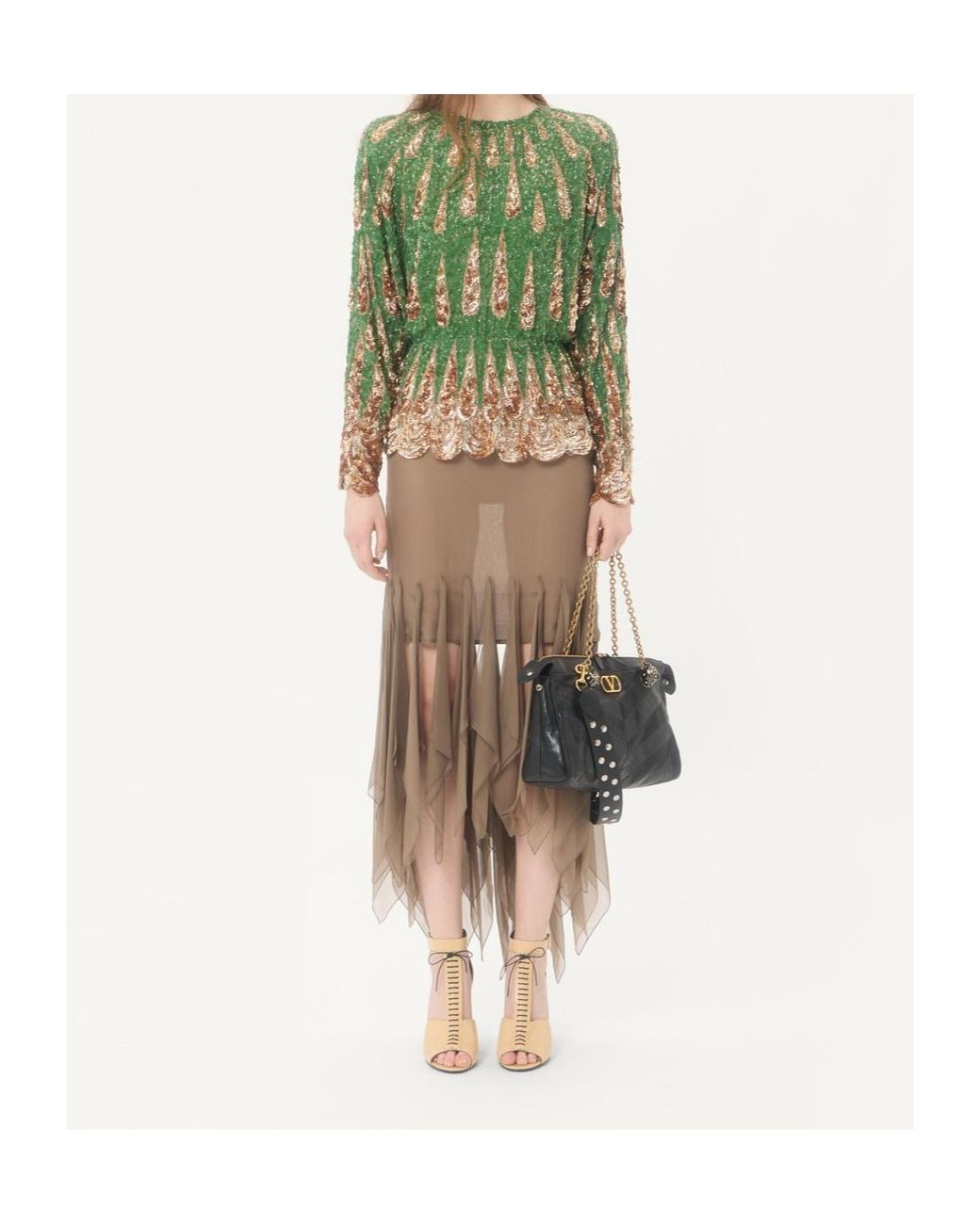 Valentino Green Embroidered Chiffon Top