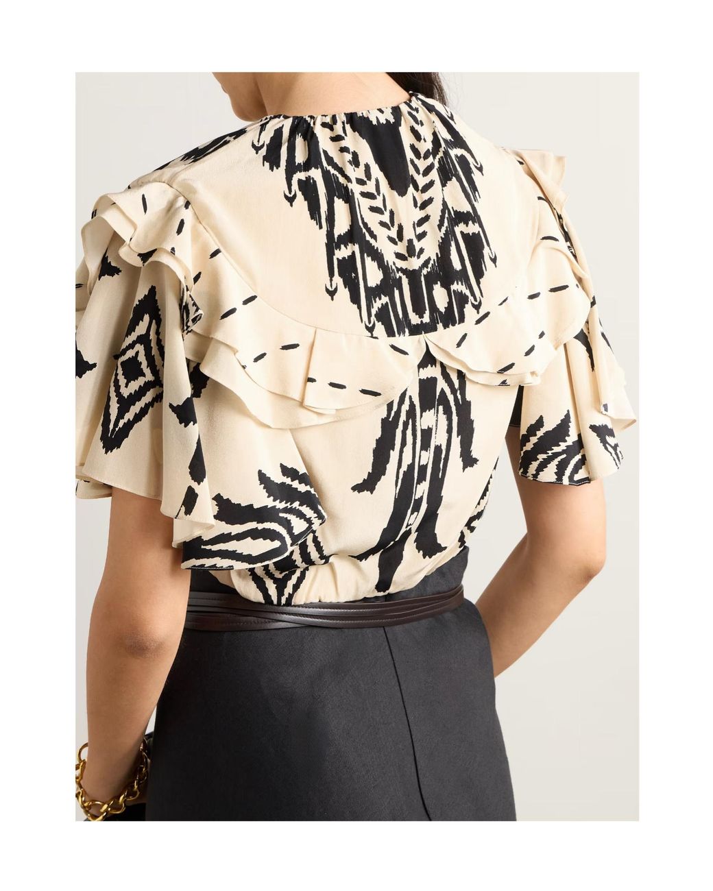 Johanna Ortiz Metallic Cropped Ruffled Printed Silk-Chiffon Top