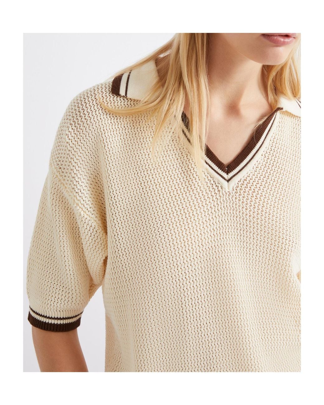Marella Natural V-Neck Striped Knit Top