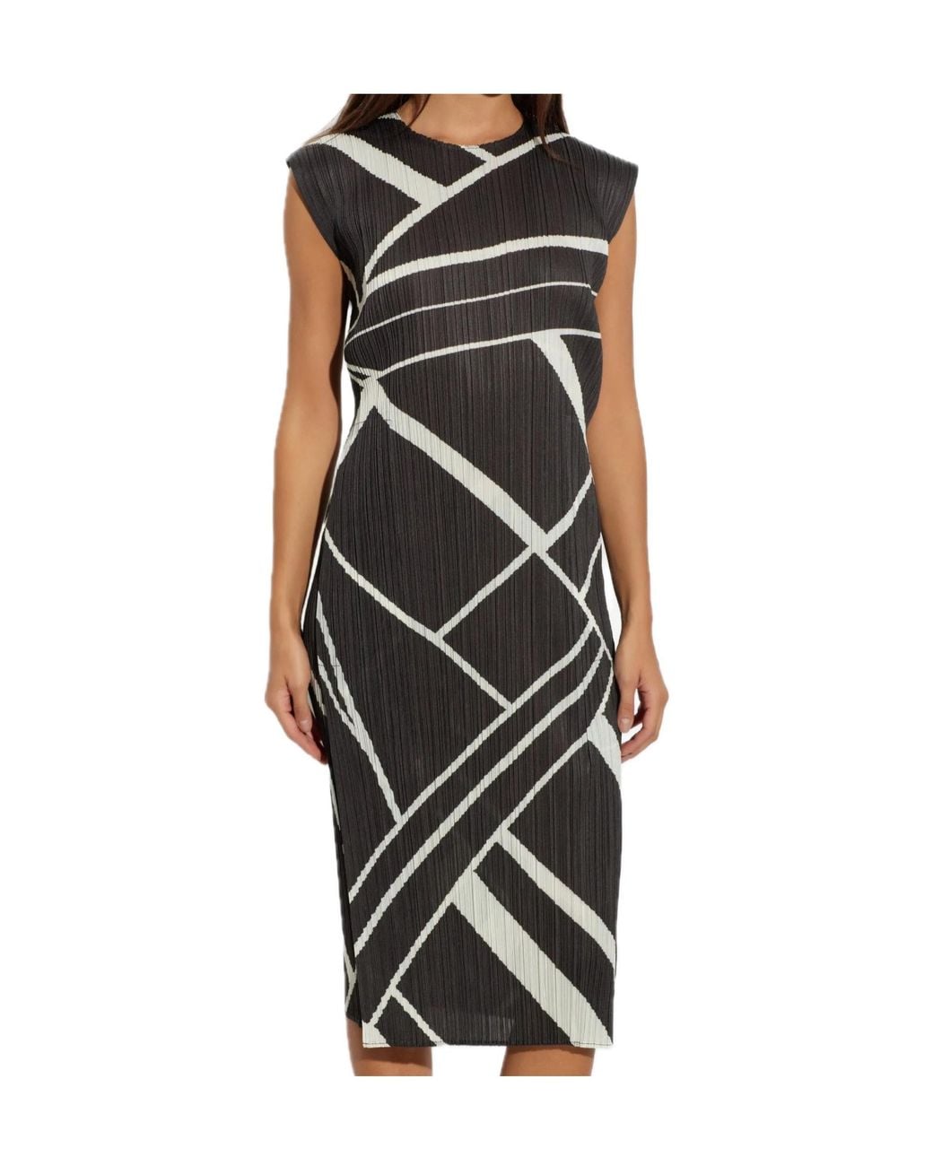 Pleats Please Issey Miyake Black Fold Line Pleated Midi Dress