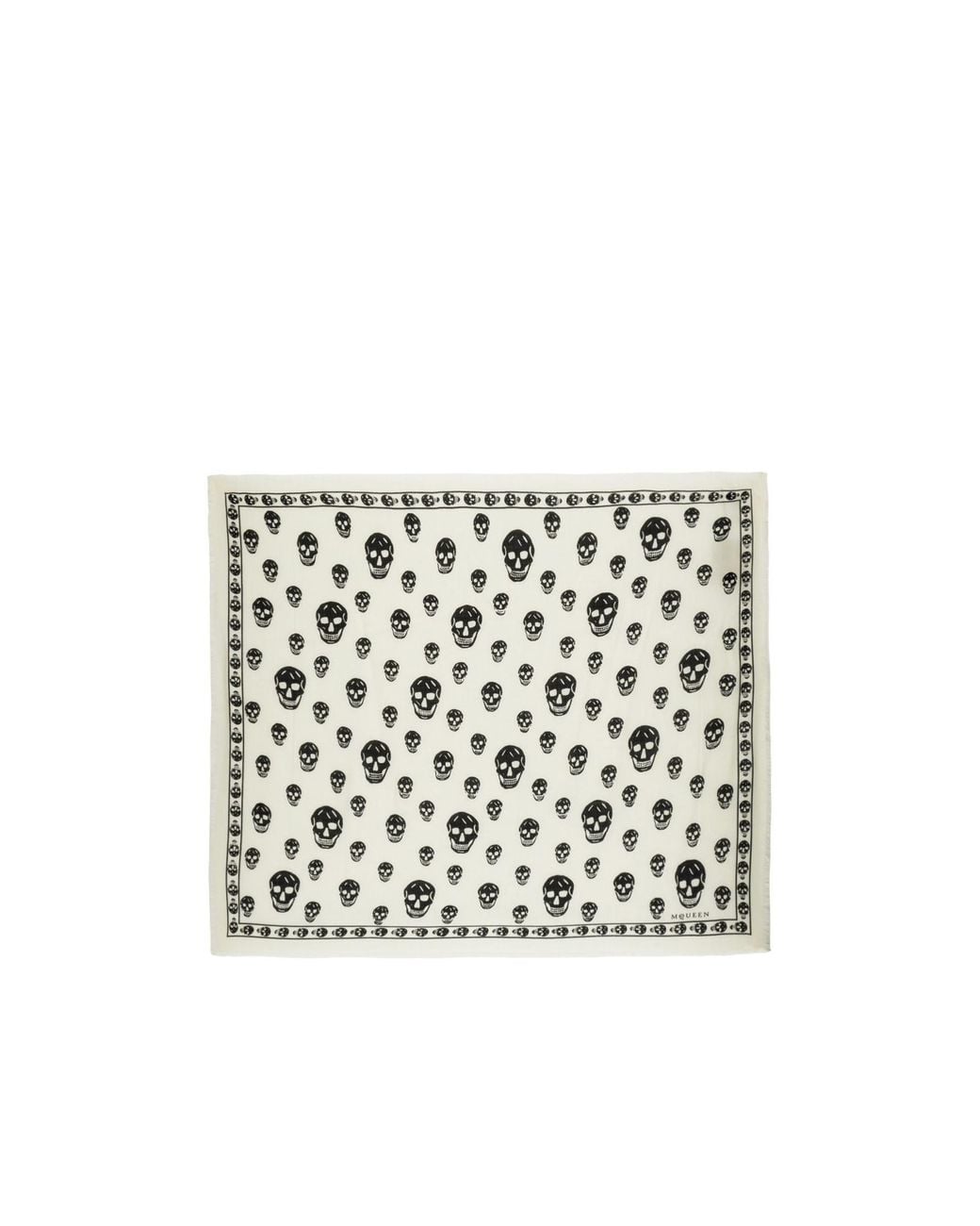 McQueen White Skull Printed Fringed Edge Scarf