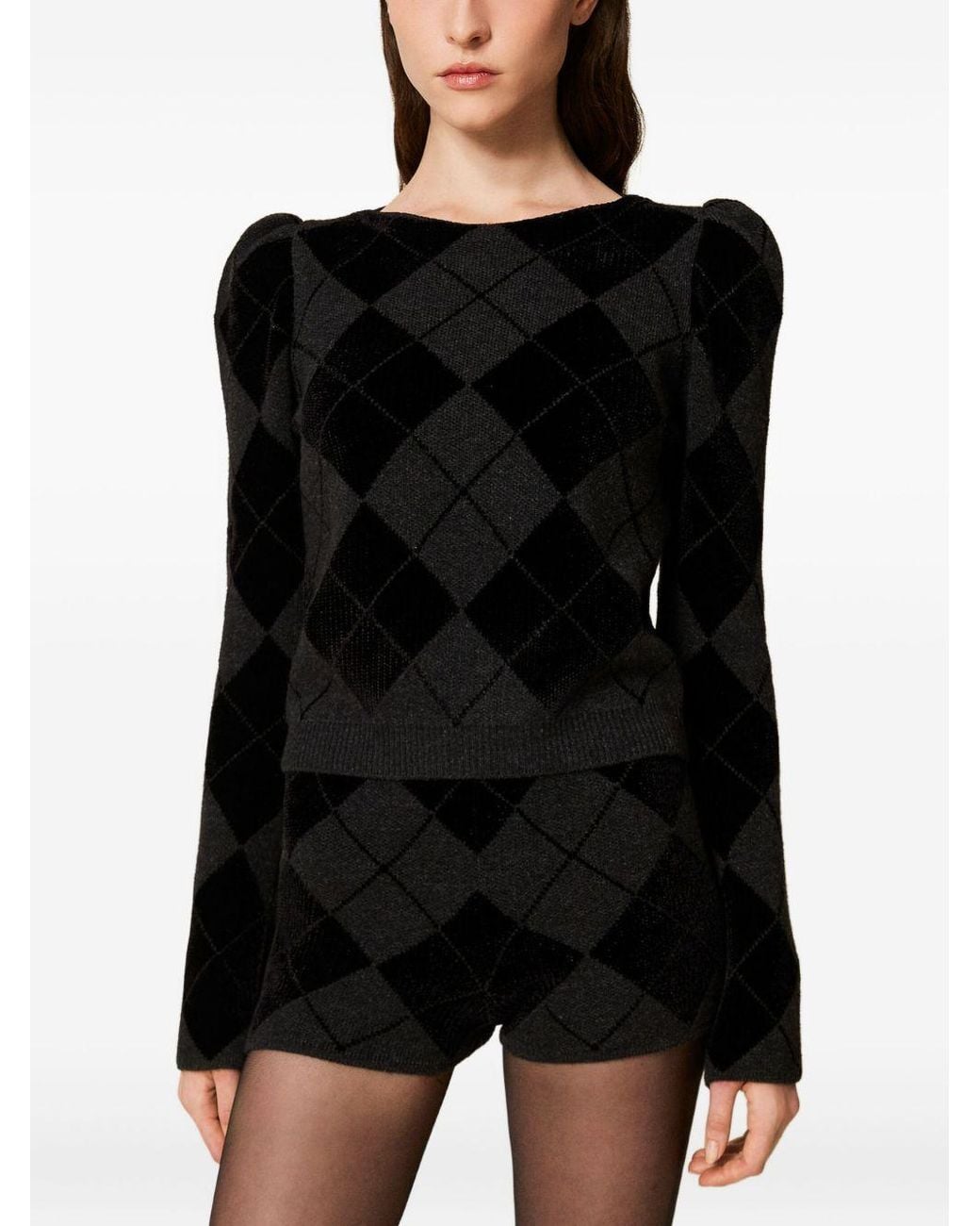 Twinset Black Puff-Sleeve Diamond-Pattern Jumper