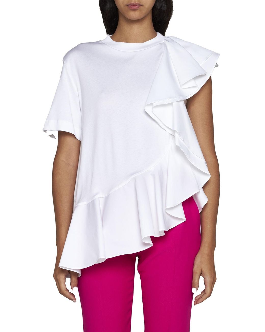 McQueen White Asymmetric Ruffled Crewneck Top