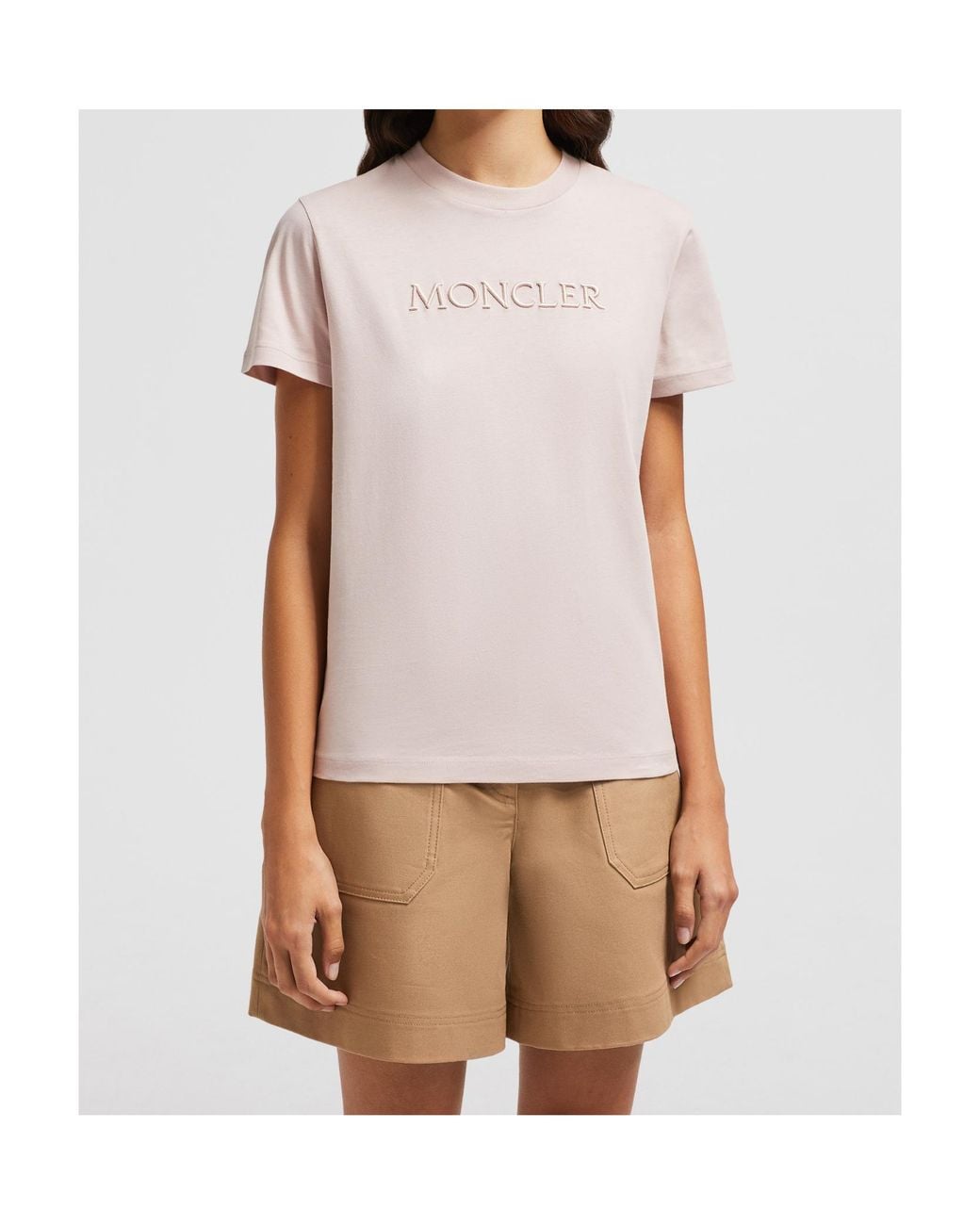 Moncler Pink Logo Embroidered Crewneck T-Shirt