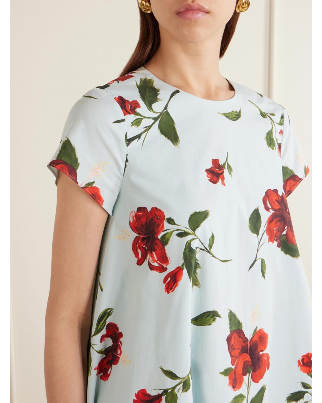 Oscar de la Renta White Floral-Print Cotton-Blend Poplin Mini Dress
