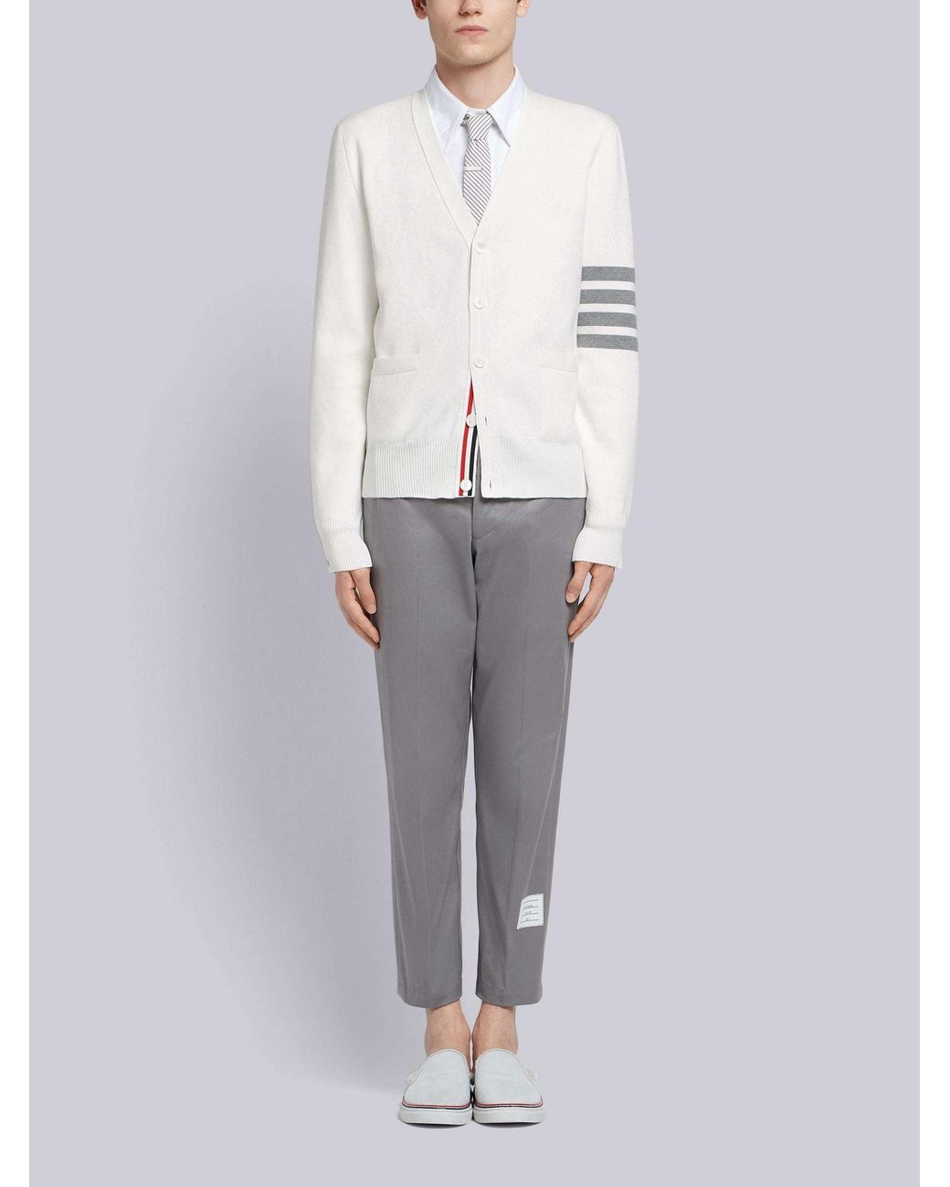 Thom Browne White Bar V-Neck Cardigan for men
