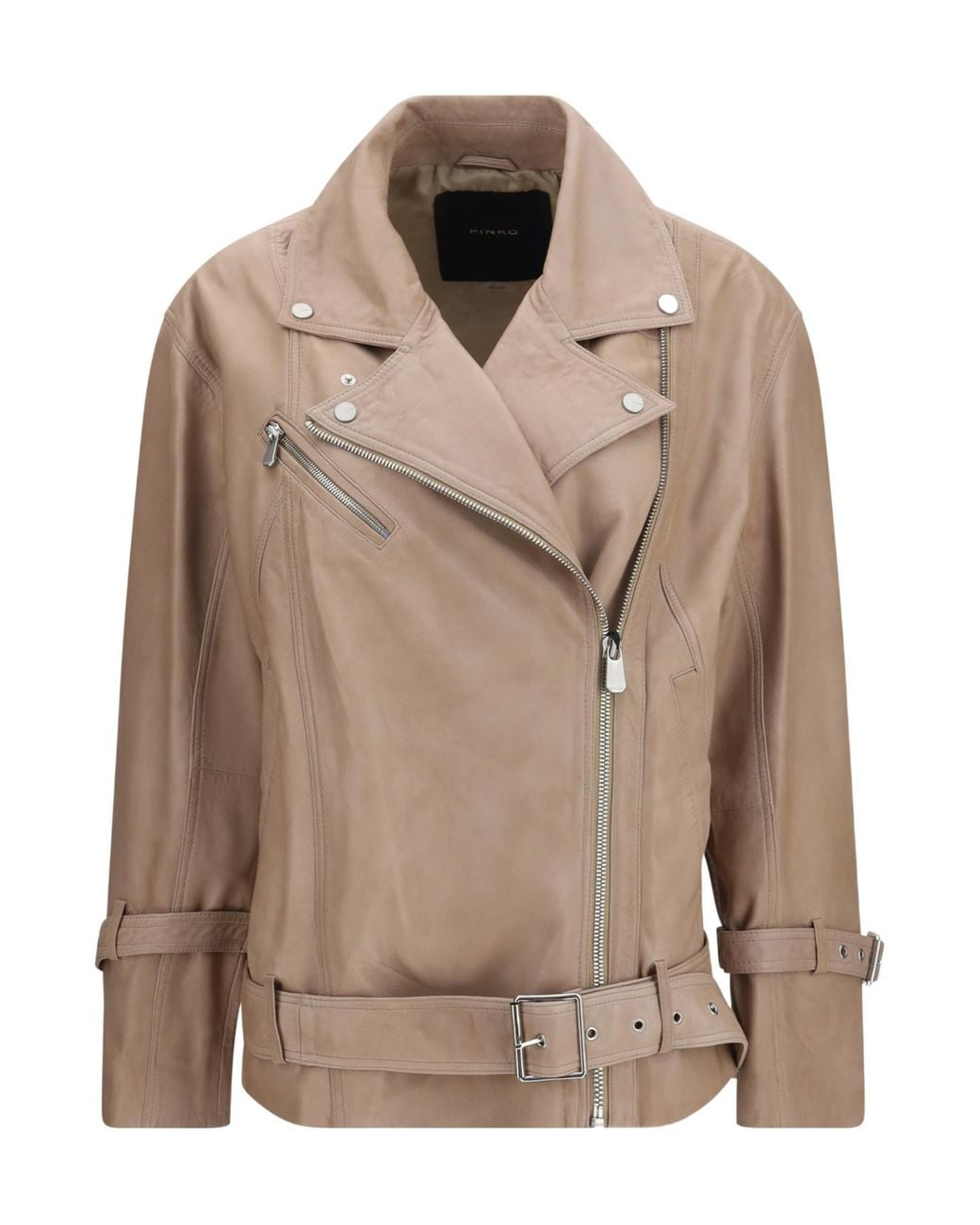 Pinko Brown Belted Leather Biker Jacket