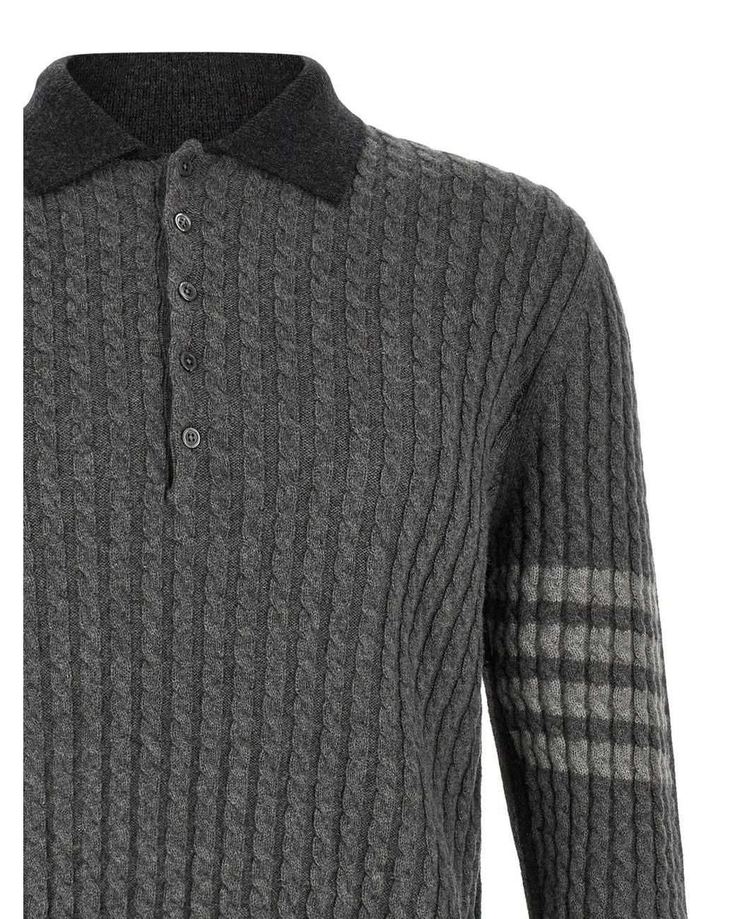 Thom Browne Gray Baby Cable Stitch 4-Bar Long Sleeve Polo Shirt for men